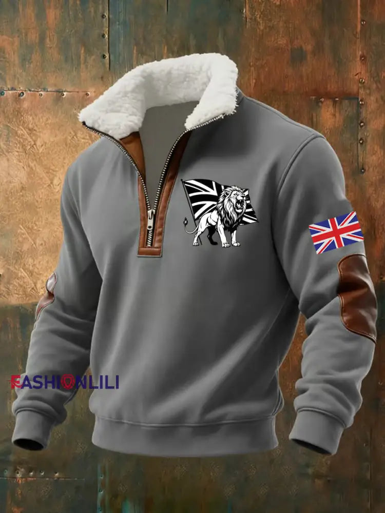 Men’s Vintage England Flag Lion Printed Sweatshirt Gray / S