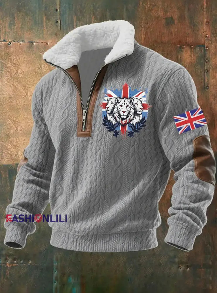 Men’s Vintage England Flag Lion Printed Sweatshirt Gray / S