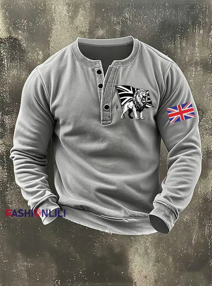 Men’s Vintage England Flag Lion Printed Sweatshirt Gray / S