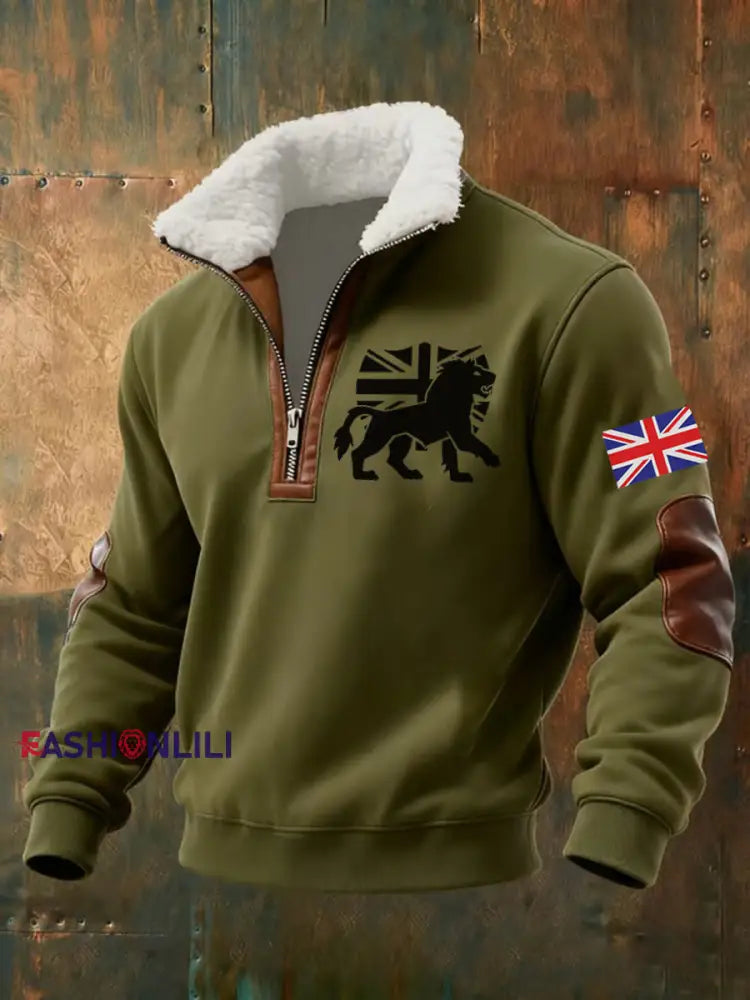 Men’s Vintage England Flag Lion Printed Sweatshirt Green / S