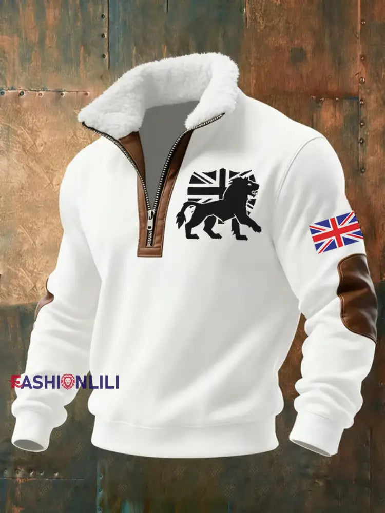 Men’s Vintage England Flag Lion Printed Sweatshirt White / S