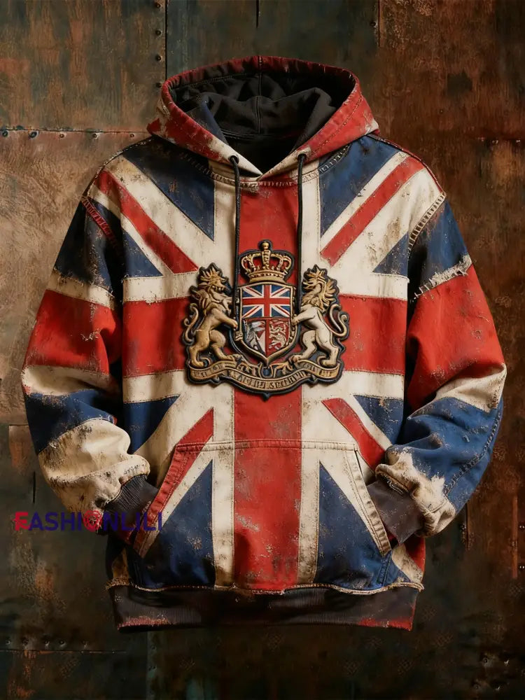 Men’s Vintage England Flag Oversized Drop-Shoulder Hoodie with Pockets As picture / S