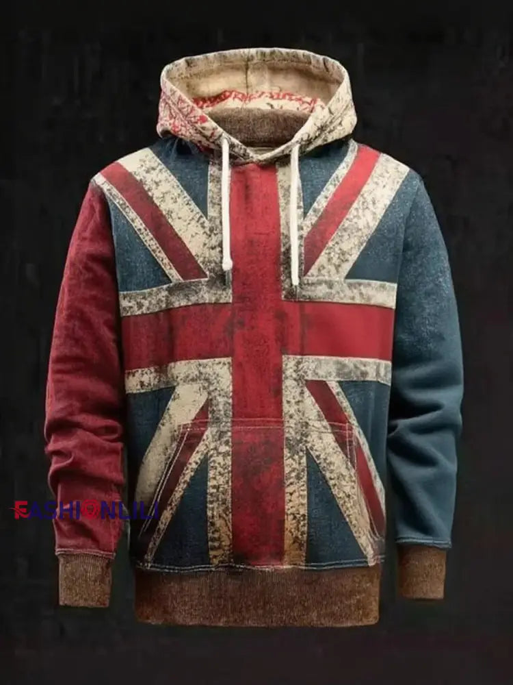 Men’s Vintage England Flag Patchwork Printed Hoodie As picture / S