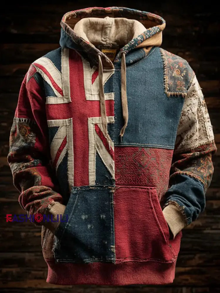 Men’s Vintage England Flag Patchwork Printed Hoodie As picture / S
