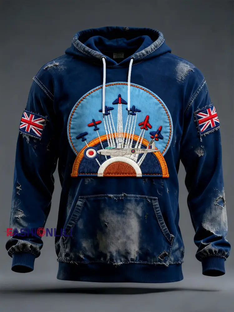 Men’s Vintage RAF Wings Of Freedom Print Casual Hoodie Navy Blue / S