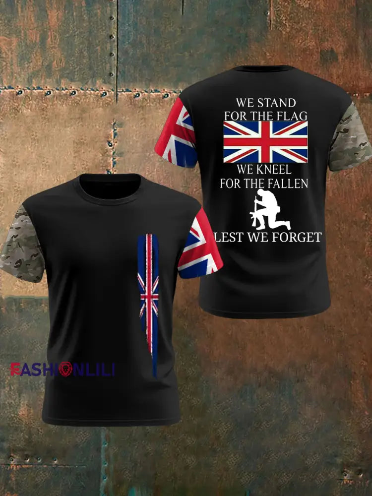 Men’s We Stand For The Flag We Kneel For The Fallen Lest We Forget UK Flag Camouflage Print Casual Tee Black / S