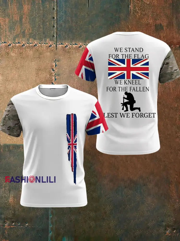 Men’s We Stand For The Flag We Kneel For The Fallen Lest We Forget UK Flag Camouflage Print Casual Tee White / S