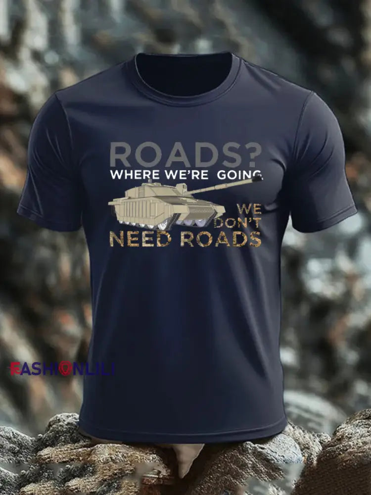 Men’s Who Needs Roads imitation cotton short-sleeved T-shirt Navy Blue / S