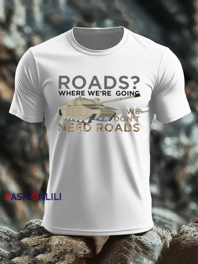 Men’s Who Needs Roads imitation cotton short-sleeved T-shirt White / S