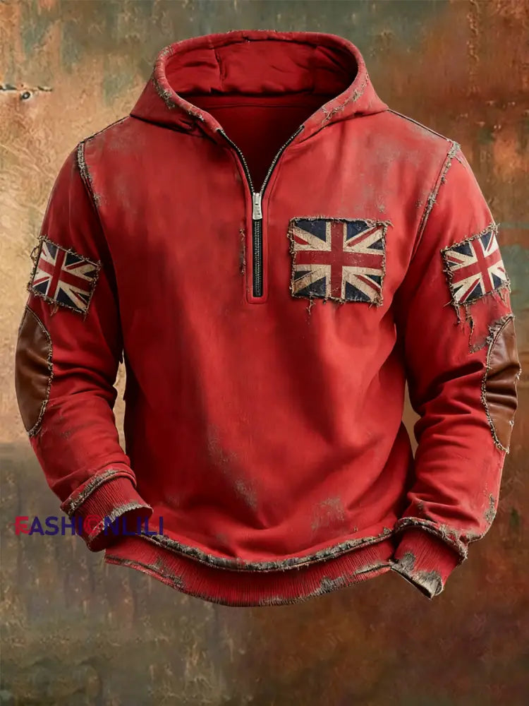 Men’sbritish flag patchwork Printed Hoodless drawstring sweatshirt Red / S