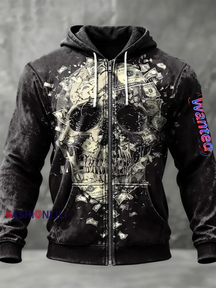 Retro Abstract Skull Casual Zipper Hoodie Multicolour / S