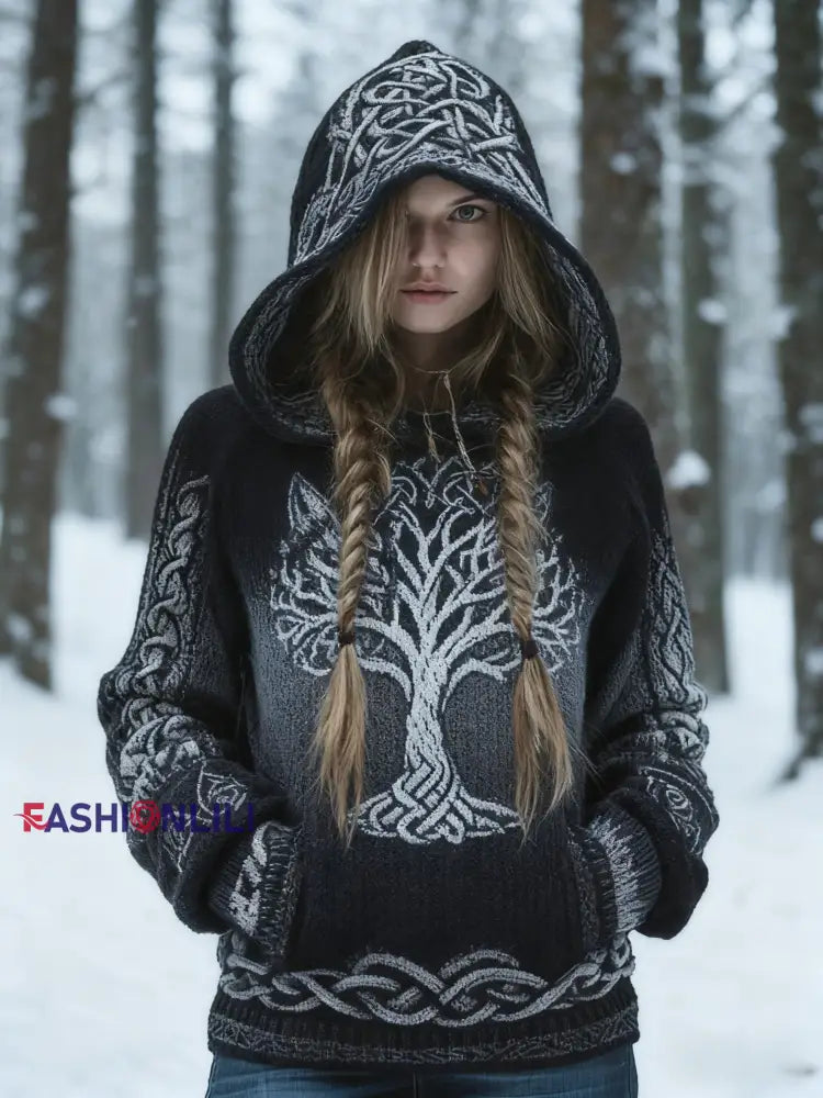 Retro Celtic Knot Tree Of Life Gradient Print Hooded Sweatshirt Black / S