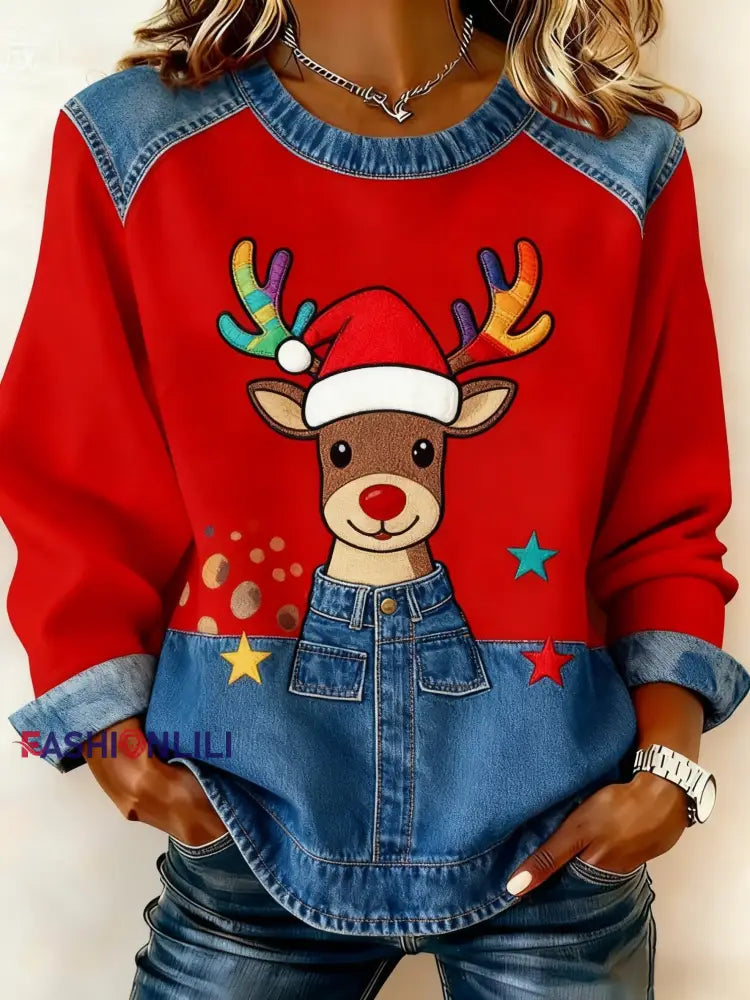 Retro Christmas Cute Reindeer Denim Patchwork Design Printed Casual Loose Long Sleeve Sweatshirt Red / S