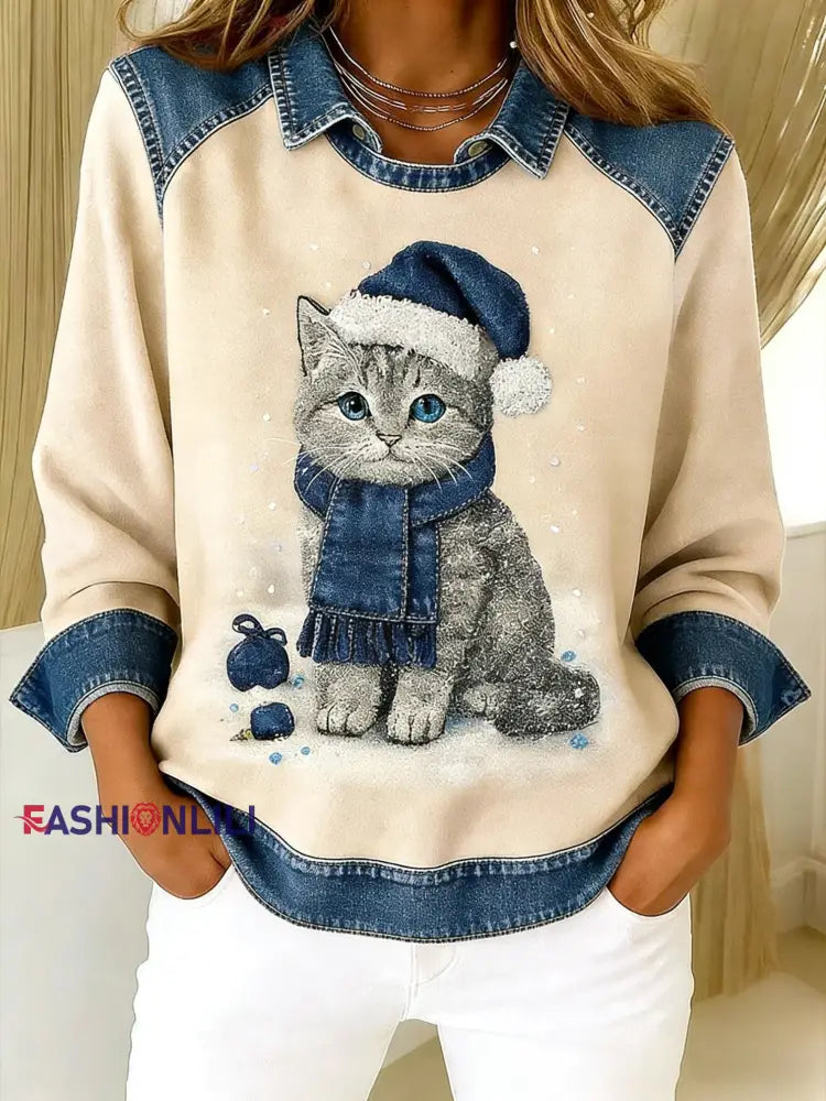 Retro Cute Cat Denim Scarf Patchwork Printed Casual Loose Long Sleeve Lapel Sweatshirt Apricot / S