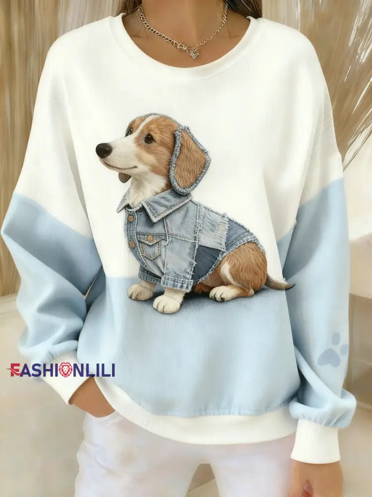 Retro Cute Dog Denim Patchwork Fabric Printed Casual Loose Long Sleeve Sweatshirt Light Blue / S