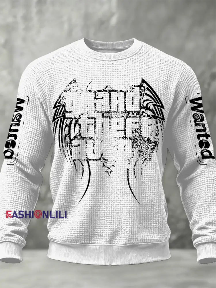 Retro GTA Totem Casual Waffle Weave Crewneck Pullover White / S