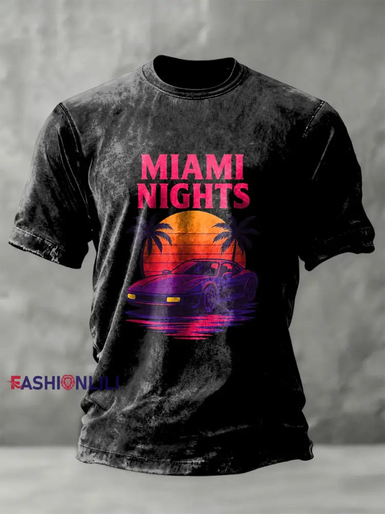Retro Miami Night Neon Casual T-Shirt Black / S