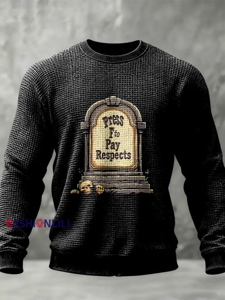 Retro Press F To Pay Respect Casual Waffle Weave Crew Neck Pullover Black / S