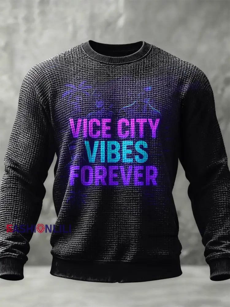 Retro Vice City Vibes Forever Casual Waffle-Weave Crewneck Sweatshirt Black / S