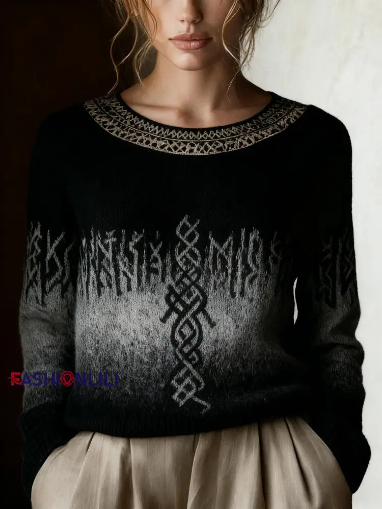 Retro Viking Celtic Knot Runes Gradient Print Long-Sleeve Sweater Black / S