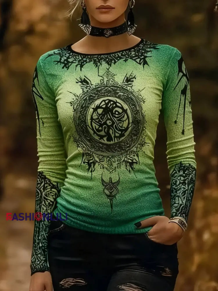 Retro Viking Celtic Knot Runes Gradient Print Long-Sleeve T-Shirt Green / S