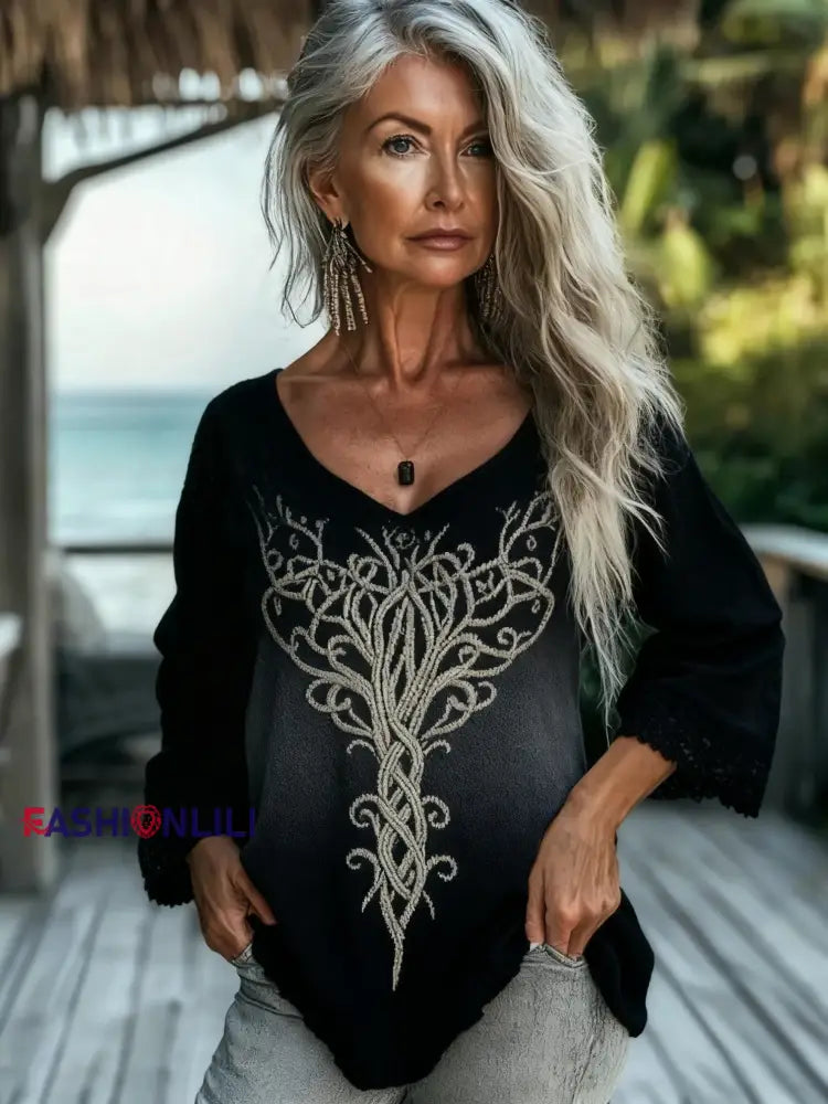 Retro Viking Celtic Knot Tree Of Life Gradient Long Sleeve Top Black / S