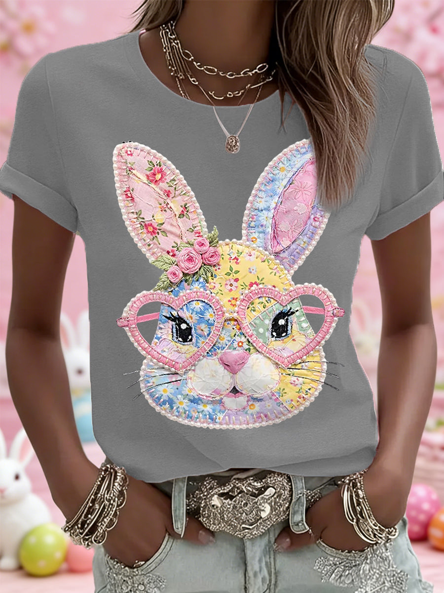 Women's Easter Floral Bunny Patchwork Print Casual Tee