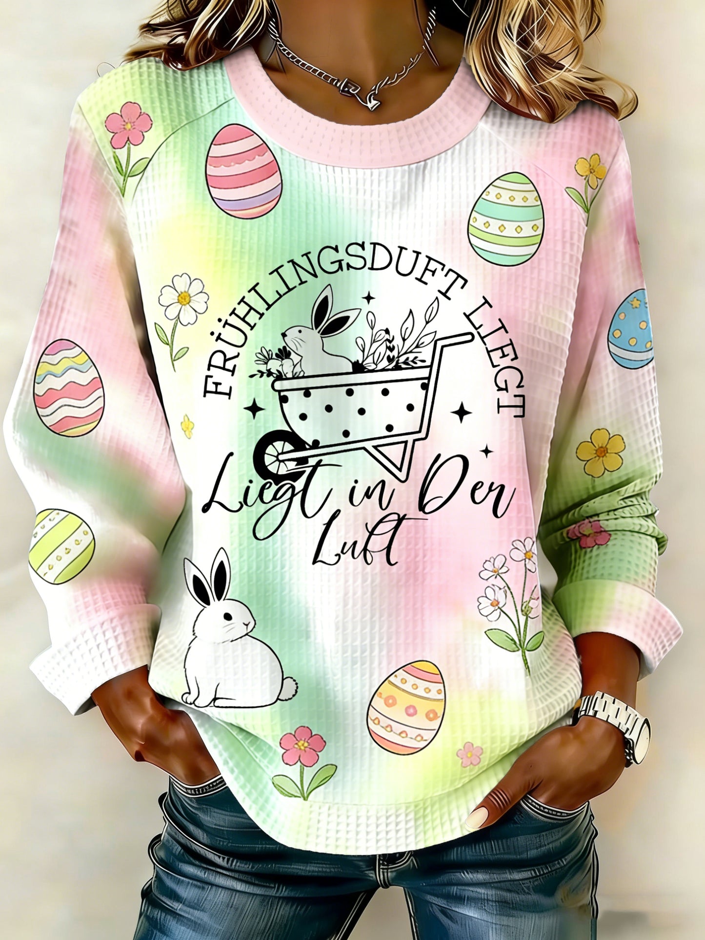 Women's Easter Print Patchwork Top