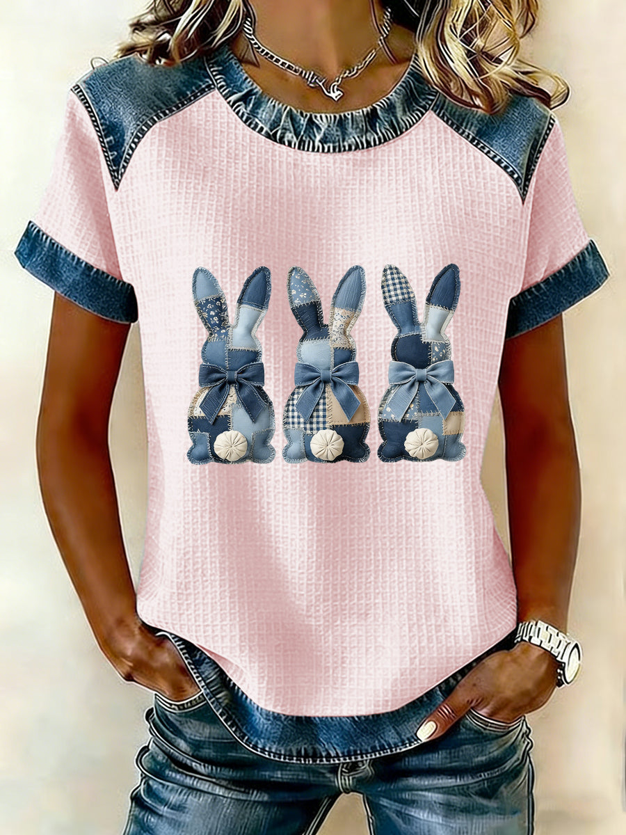 Women's Easter Bunny Art Patchwork Print Casual Short Sleeved T-Shirt