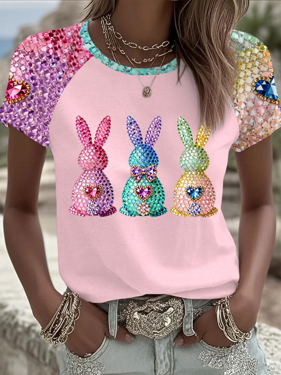 Women's Easter Bunny Art Round Neck Short Sleeve T-shirt