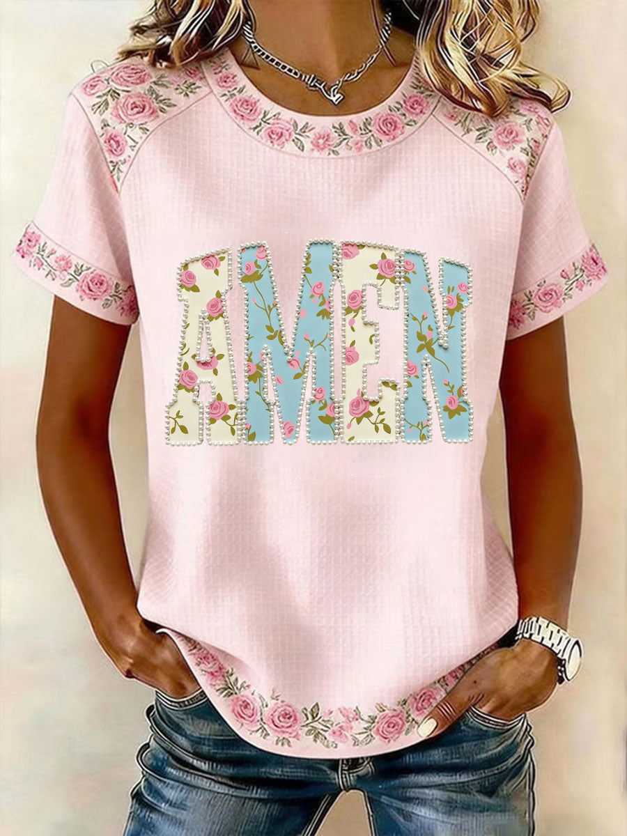 Women's Easter Floral Christian Amen Pearls Patchwork Print Casual Short Sleeved T-Shirt