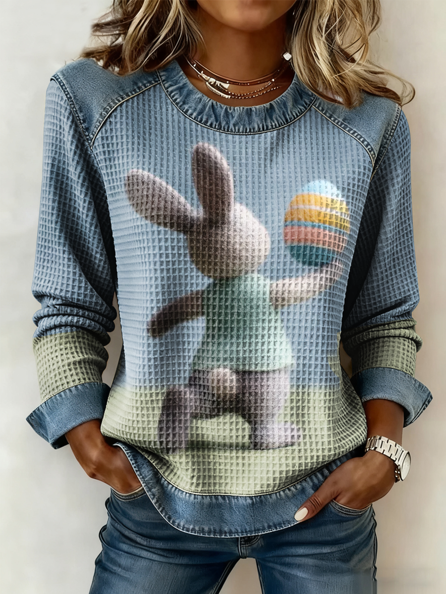 Women's Bunny Easter Denim Patchwork Top
