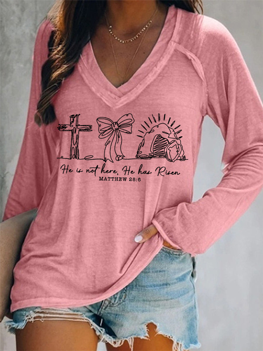 Women's He Is Not Here He Has Risen Matthew 28:6 Easter Christian Print Casual Long-Sleeve V-Neck T-Shirt