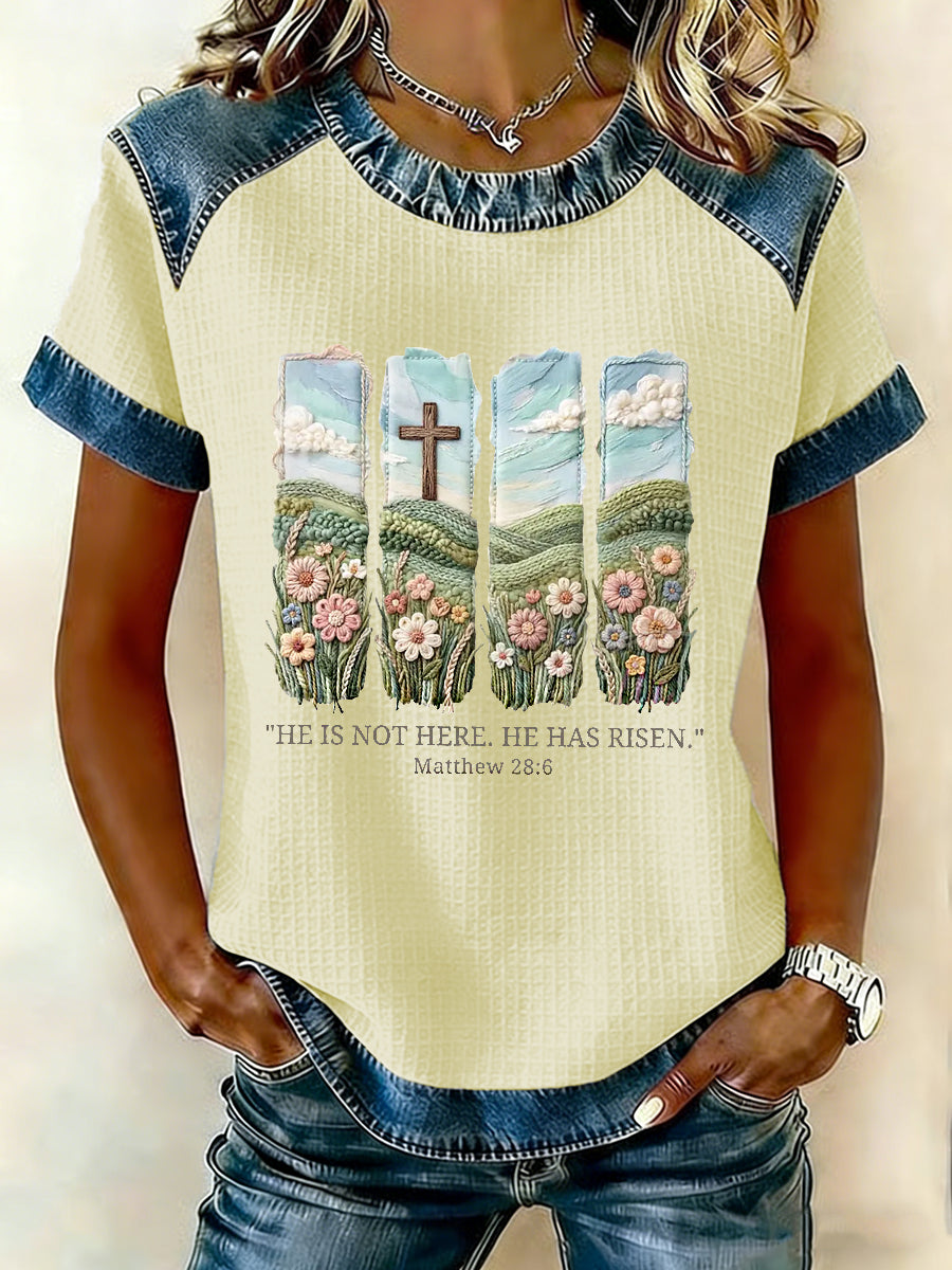 Women's Christian Easter He is not here he has risen Matthew 28:6 Waffle Patchwork Short Sleeved T-Shirt