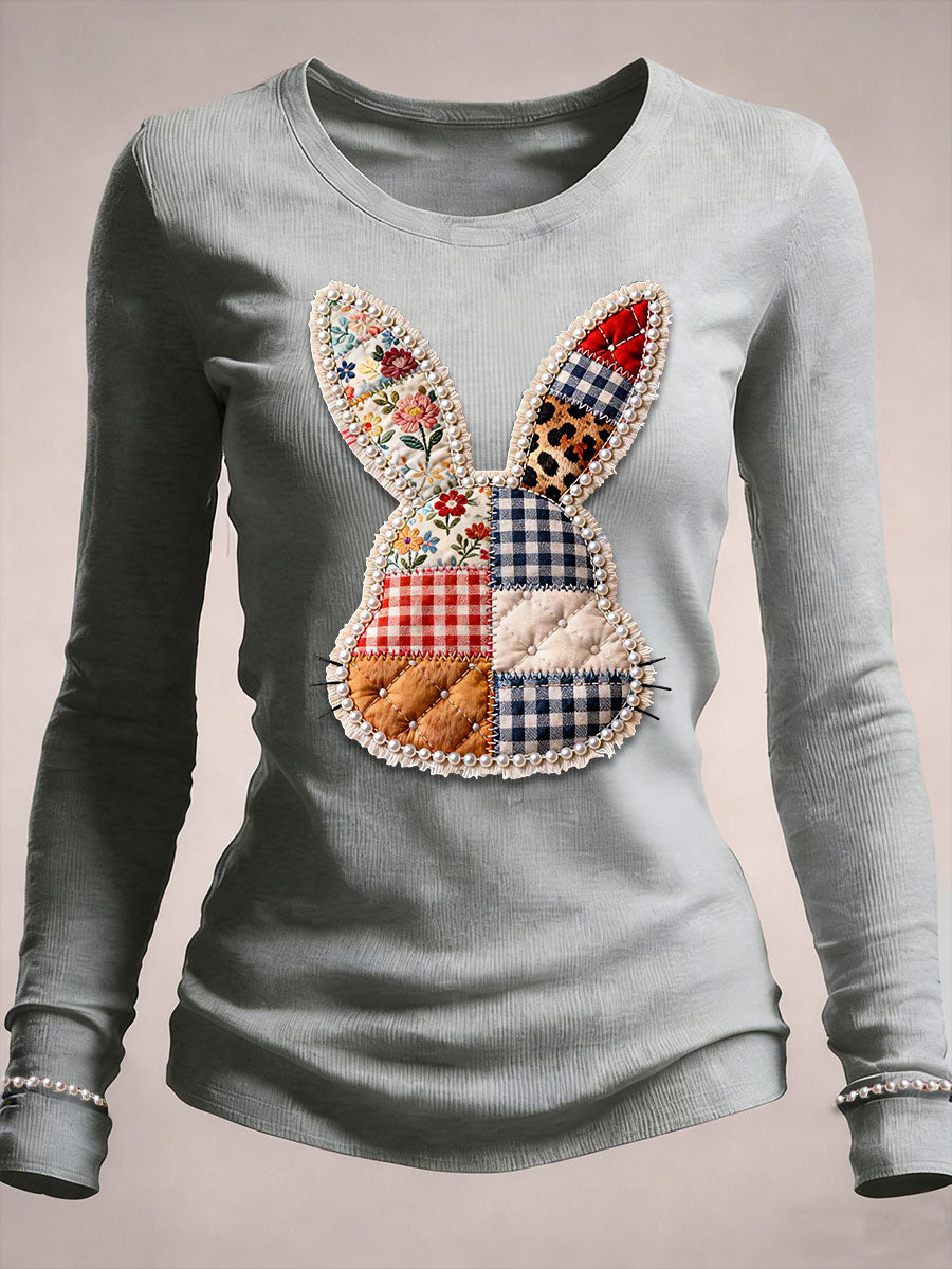 Women's Patchwork Rabbit Round Neck Long Sleeve T-shirt