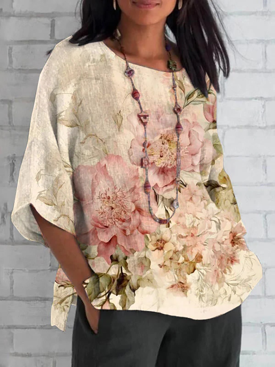 Women's Vintage Floral Cotton And Linen Top