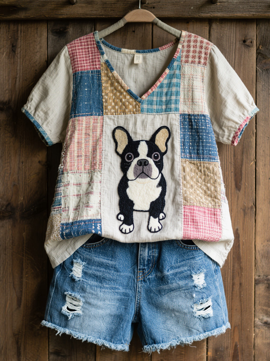 Women's Lovely French Bulldog Pattern Patchwork Art V-Neck Top