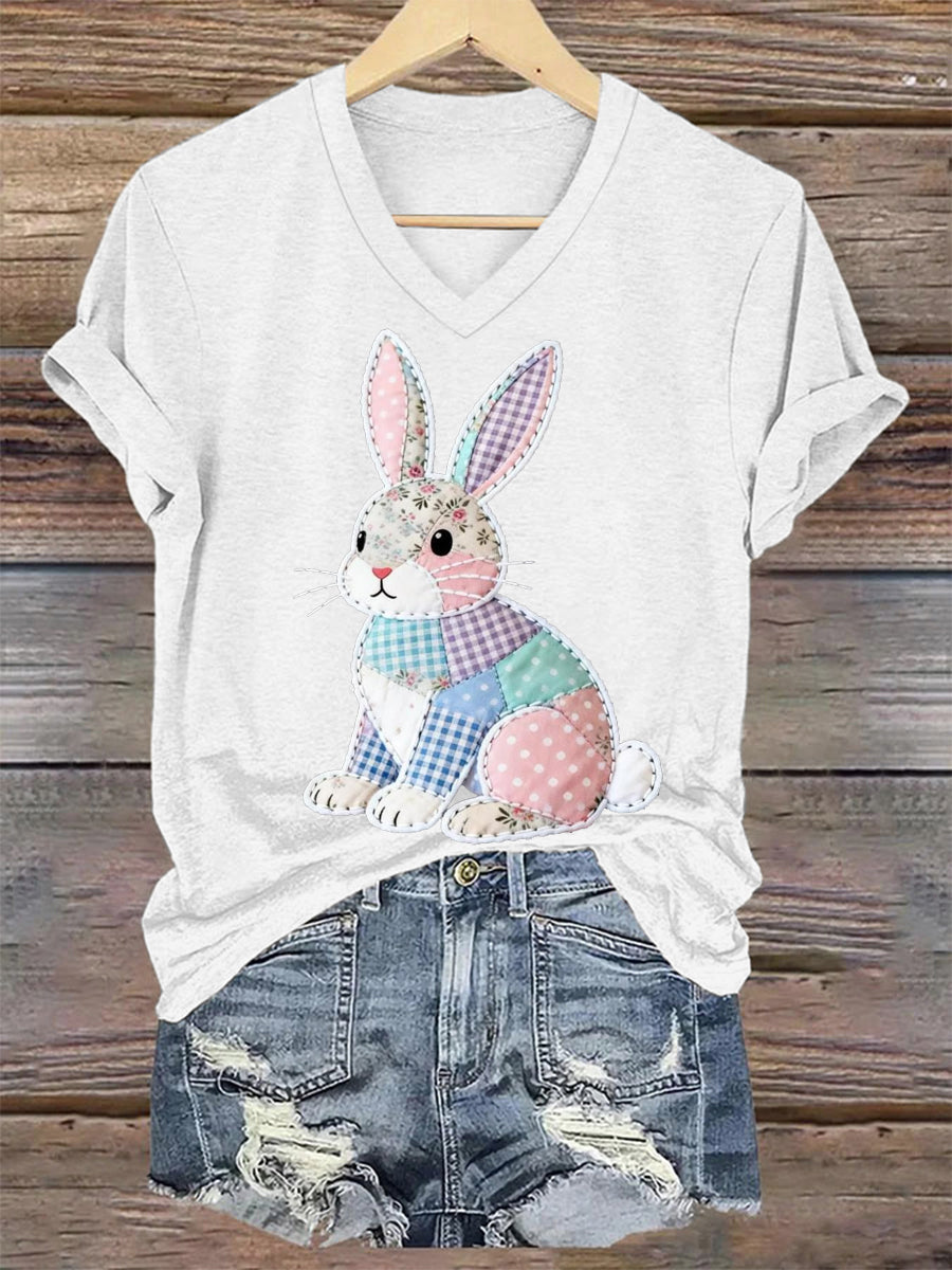 Women's Cute Floral Bunny Print Easter Casual V-Neck Tee