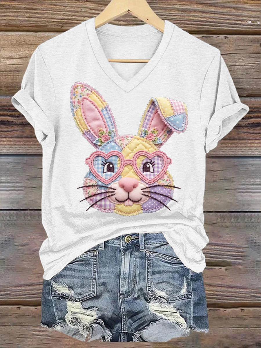 Women's Cute Floral Bunny Print Easter Casual V-Neck Tee