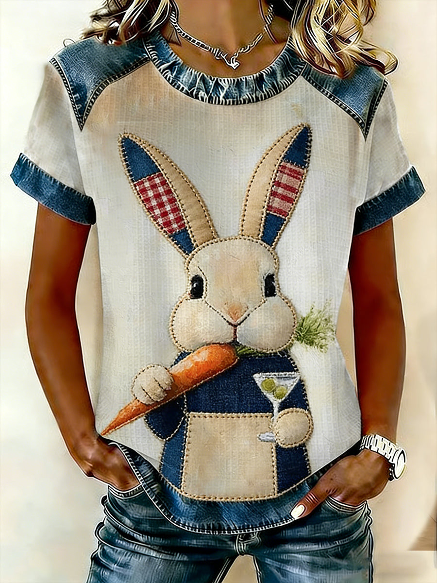 Women's Easter Bunny Art Patchwork Print Waffle Short Sleeved T-Shirt