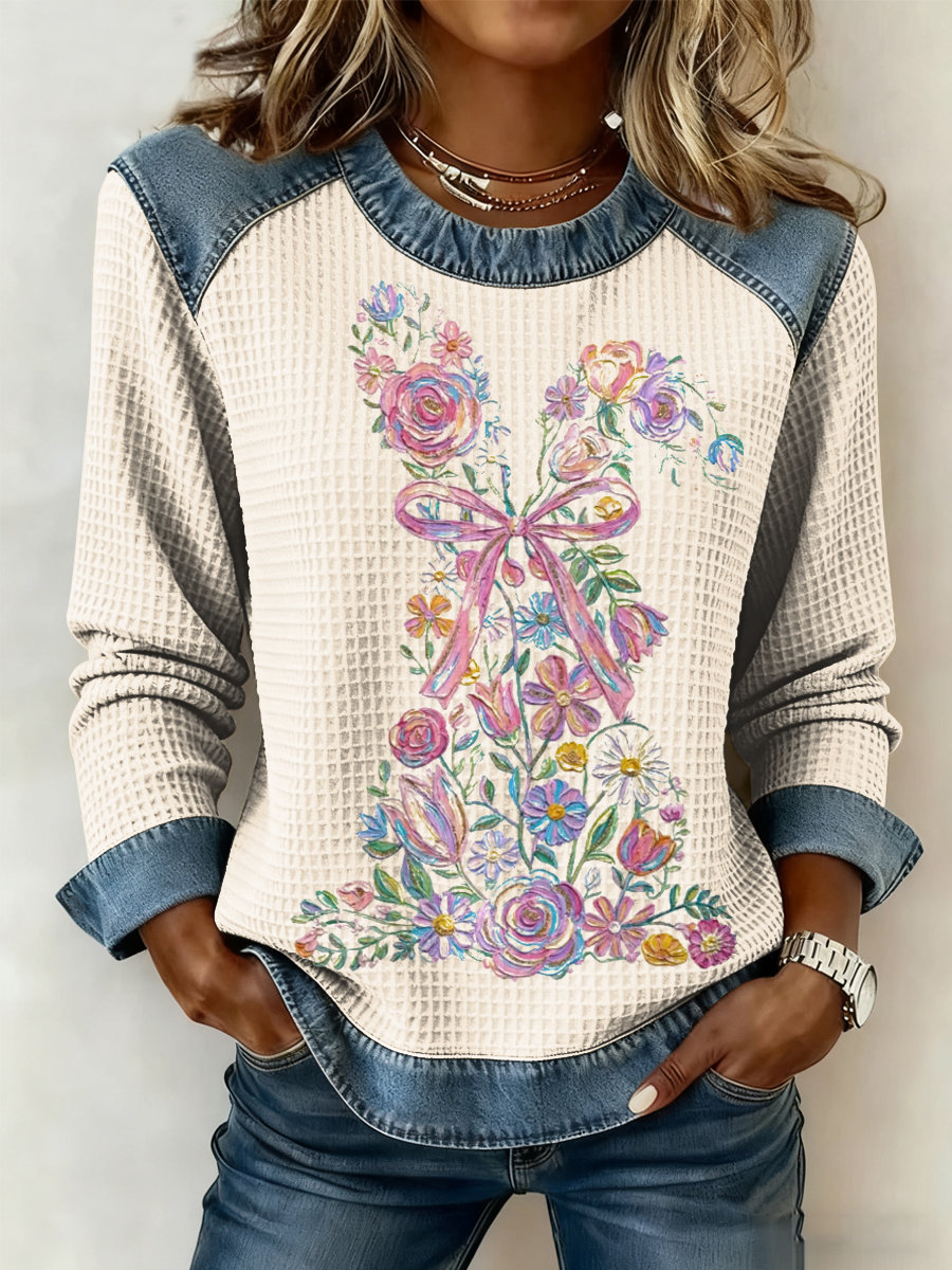 Women's Bunny Easter Denim Patchwork Top