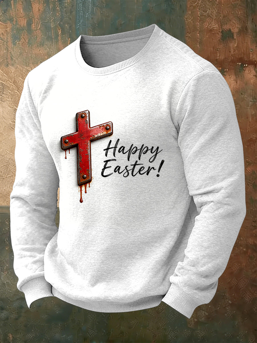 Men's White Easter Cross Print Minimalist Long-Sleeved T-Shirt