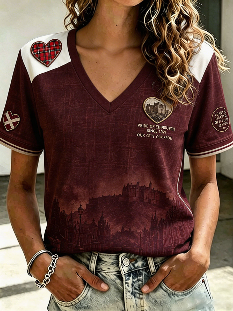 Women's Hearts Edinburgh Scotland Football Lover Printed T-shirt
