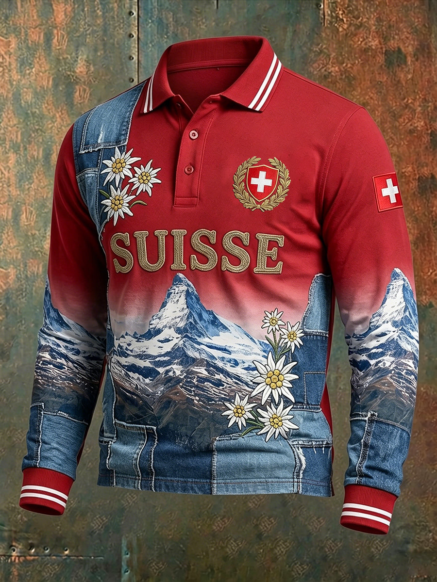Men's Long-Sleeve Polo Shirt With Landscape And Floral Print