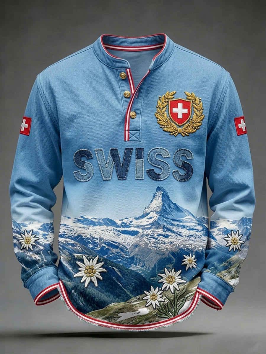 Men's Long-Sleeve V-Neck Top With Landscape And Floral Print