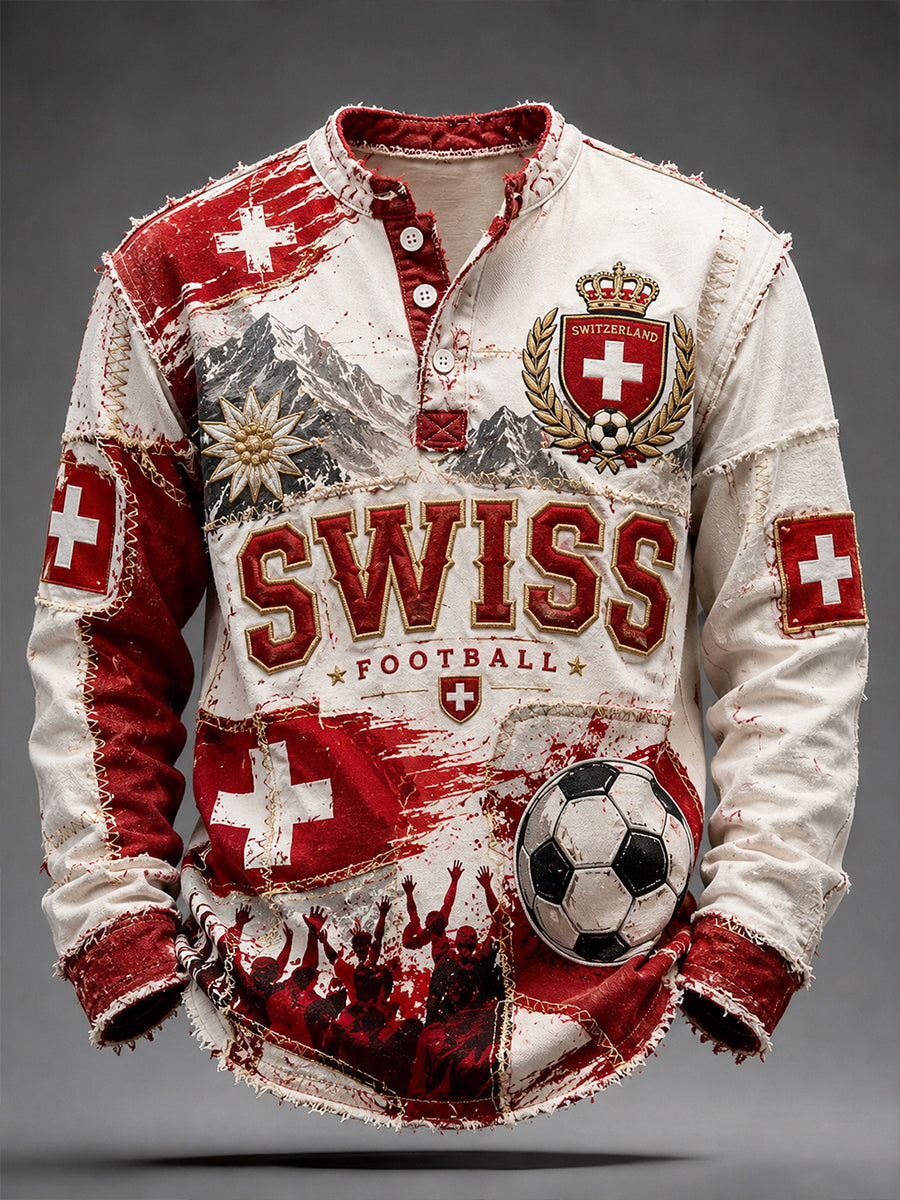 Men's Retro Football Art Print V-Neck Long-Sleeve Top