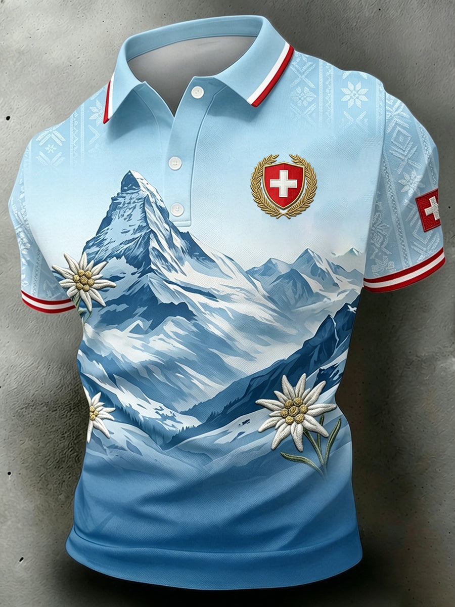Men's Short-Sleeve Polo Shirt With Landscape And Floral Print