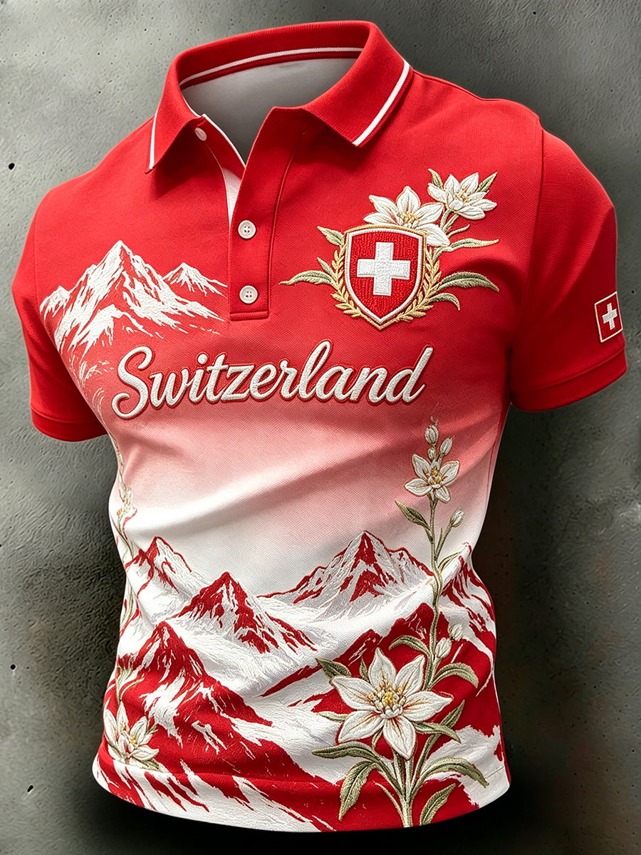 Men's Short-Sleeve Polo Shirt With Mountain And Floral Print