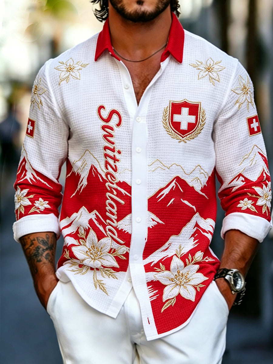 Men's Retro Scenic Art Print Casual Long-Sleeve Waffle Shirt