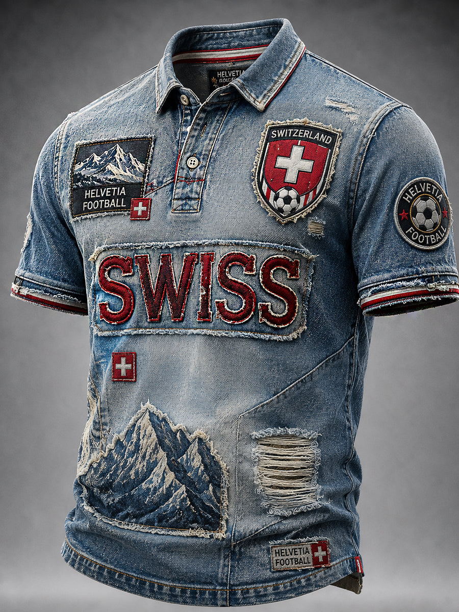 Retro Swiss Football Fan Art Print Casual Polo Shirt